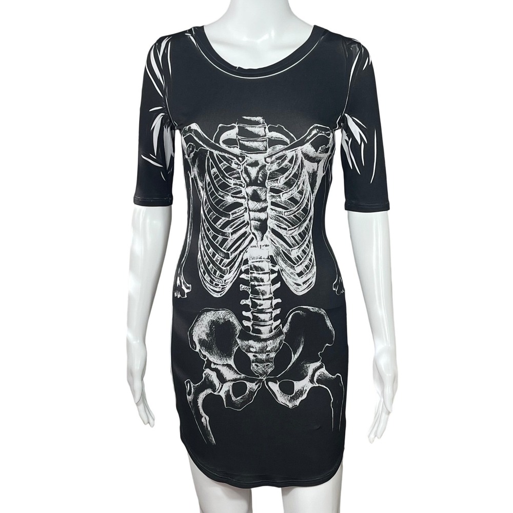 Rue21 Women M Skeleton Anatomy Graphic Mini Dress Black White Goth Halloween Y2K